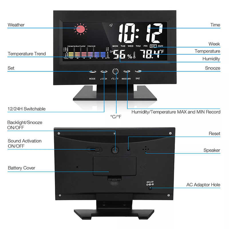 🔥Grouneco 🔥🔥🔥Last Day Sale 50%🔥Digital LED Temperature Humidity Monitor Weather Forecast LED Table Alarm Clock